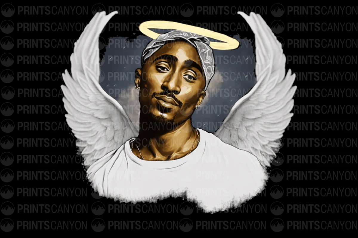 Angel Tupac T-Shirt Design with Wings and Halo Graphic Art