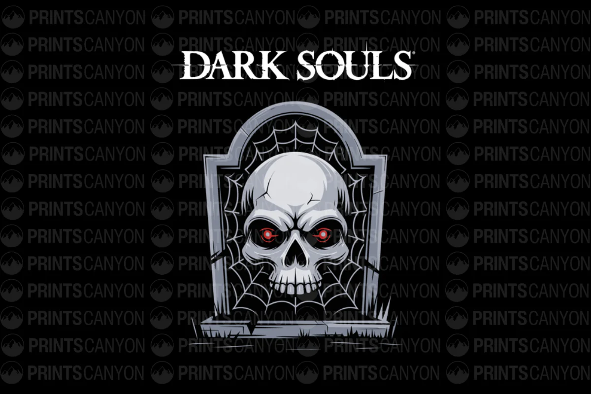 Dark Souls Skull T-Shirt Design with Spooky Spider Webs and Red Eyes