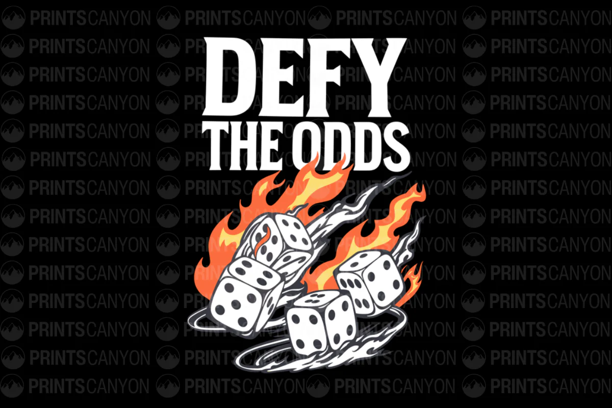 Defy the Odds T-Shirt Design with Dice and Flames Graphic
