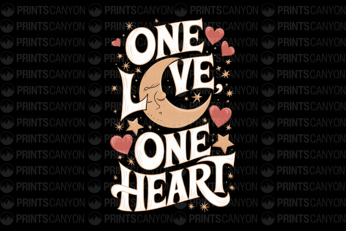 One Love One Heart T-Shirt Design Vintage Moon and Hearts Art Printable File