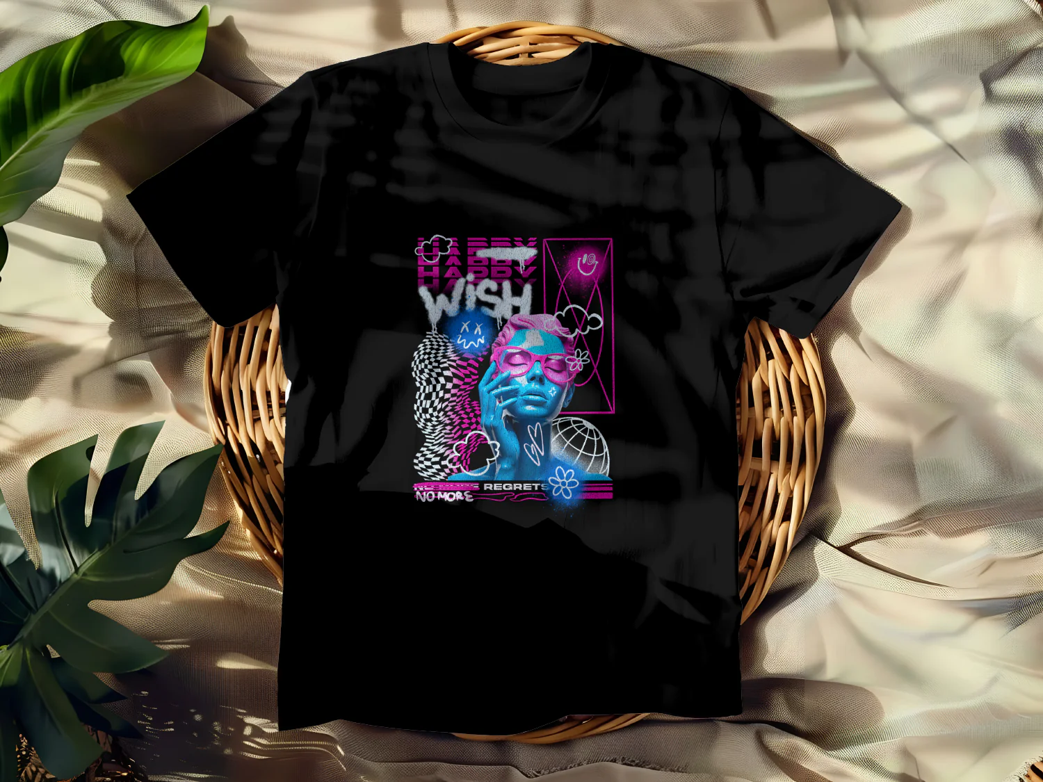 Vibrant Retro T-Shirt Design with Happy and Regret Themes