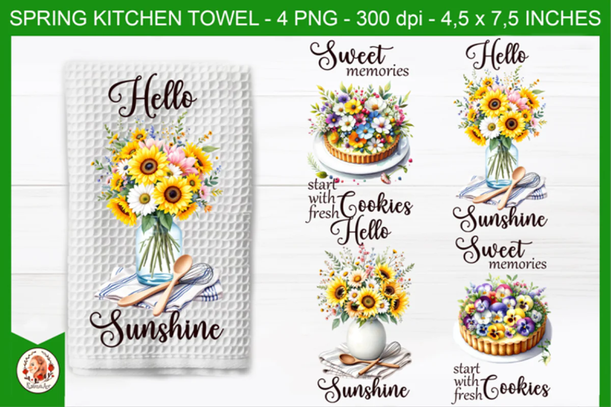 Spring Kitchen Towel Digital Design Bundle with Floral Themes and Sweet Sayings