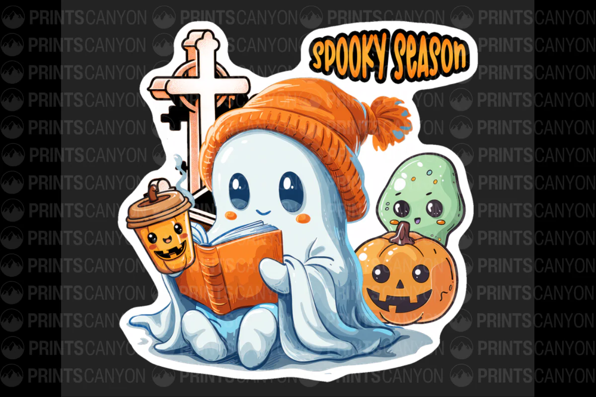 Cute Ghost Reading with Pumpkin and Coffee Sticker for Spooky Season Decor