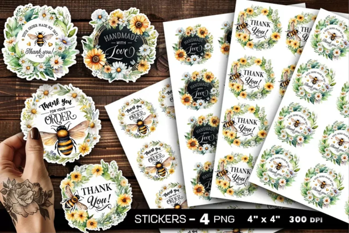 Floral Thank You Stickers Set - Handmade with Love - 4 PNG Designs for Printing