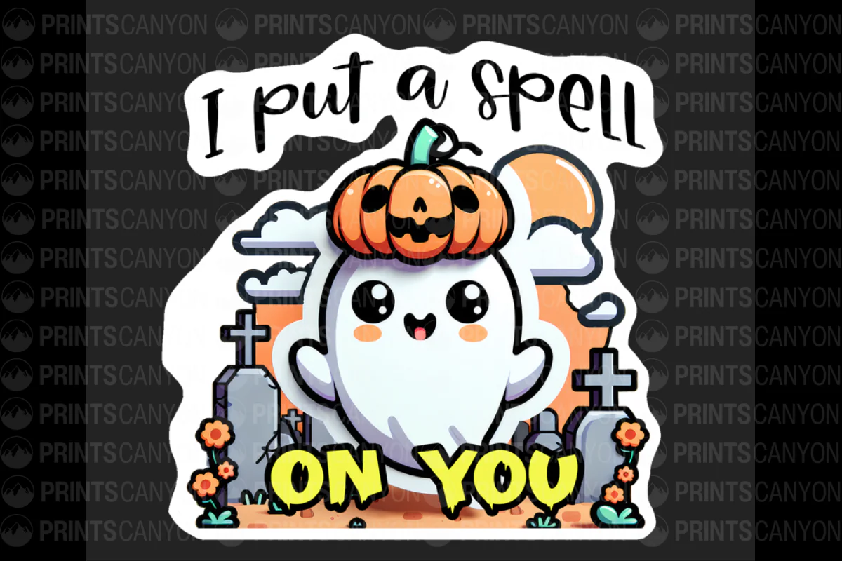 Cute Halloween Ghost Sticker with Pumpkin Hat and Spell Design for Printable Decor