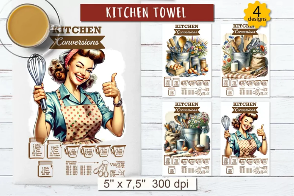 Vintage Kitchen Conversions Towel Designs - 4 Printable Digital Files for Your Home