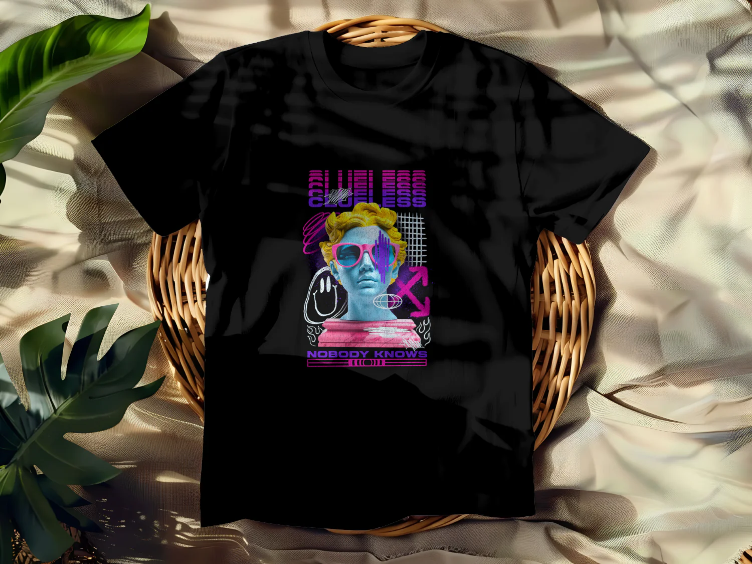 Clueless Statue Graphic Tee with Bold Colorful Design and Fun Text