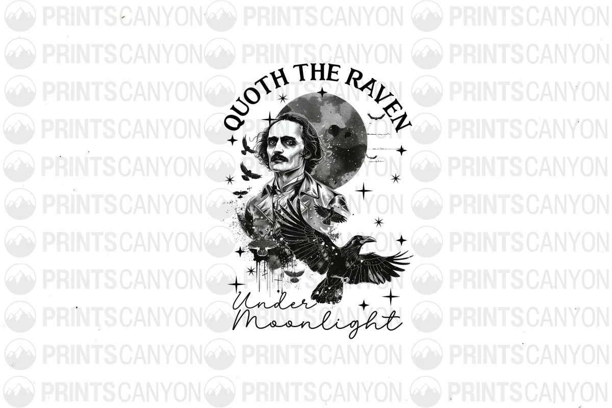 Edgar Allan Poe Tribute T-Shirt Design with Raven and Moon 300DPI Printable Graphic