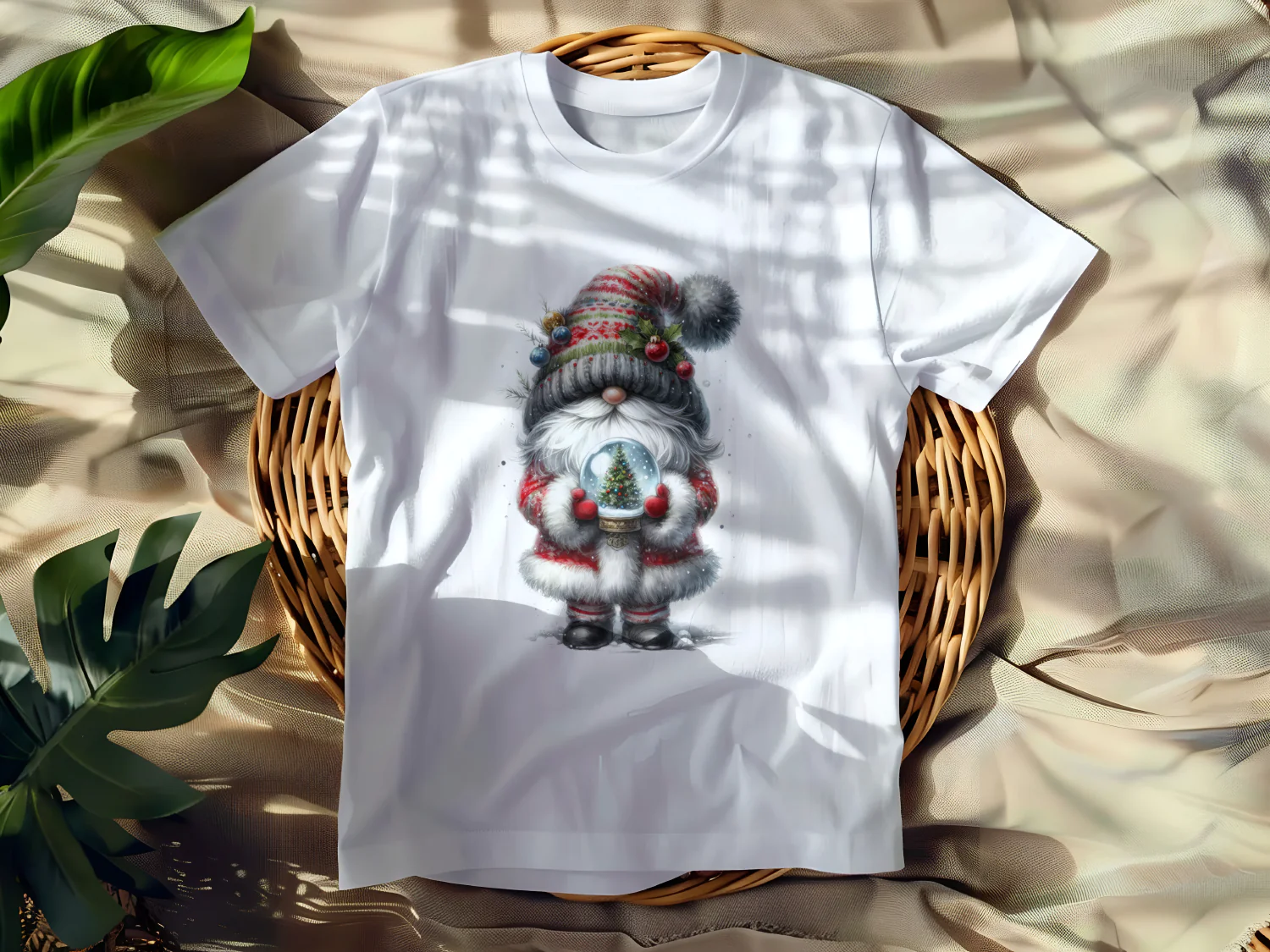 Festive Santa Holding Snow Globe T-Shirt Design for Holiday Cheer