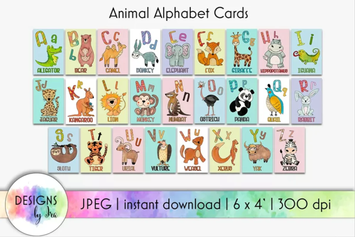 Animal Alphabet Cards Printable Design for Kids Educational Learning Activity 6x4 JPEG Download