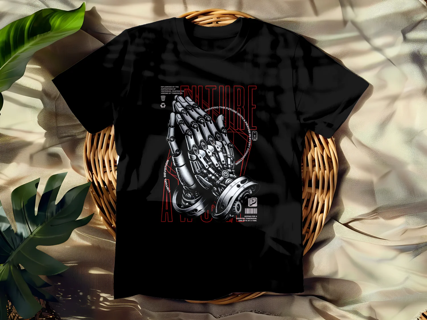 Futuristic Prayer Hands T-Shirt Design for Tech Lovers and Visionary Thinkers