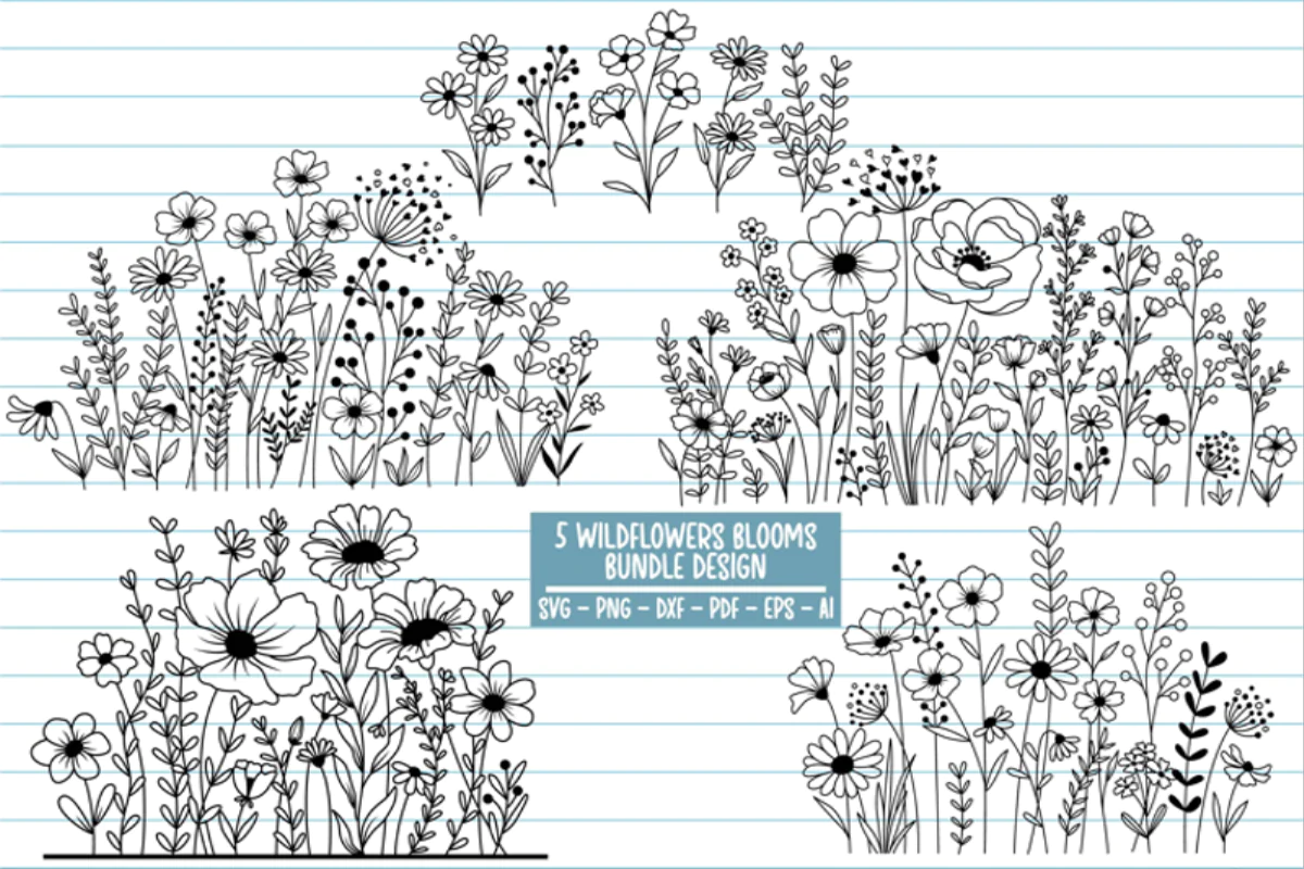 5 Wildflower Blooms Bundle Design for Cutting and Printing SVG PNG DXF PDF EPS AI
