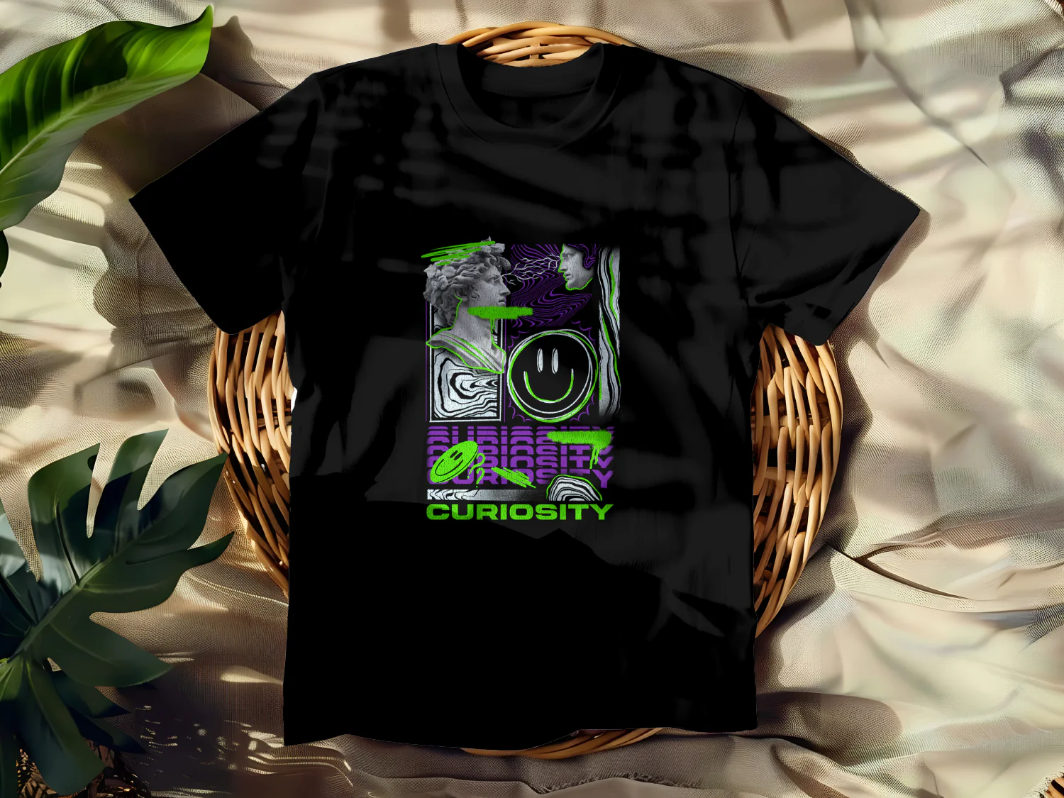 Curiosity T-Shirt Design with Abstract Graphics and Classic Sculptures