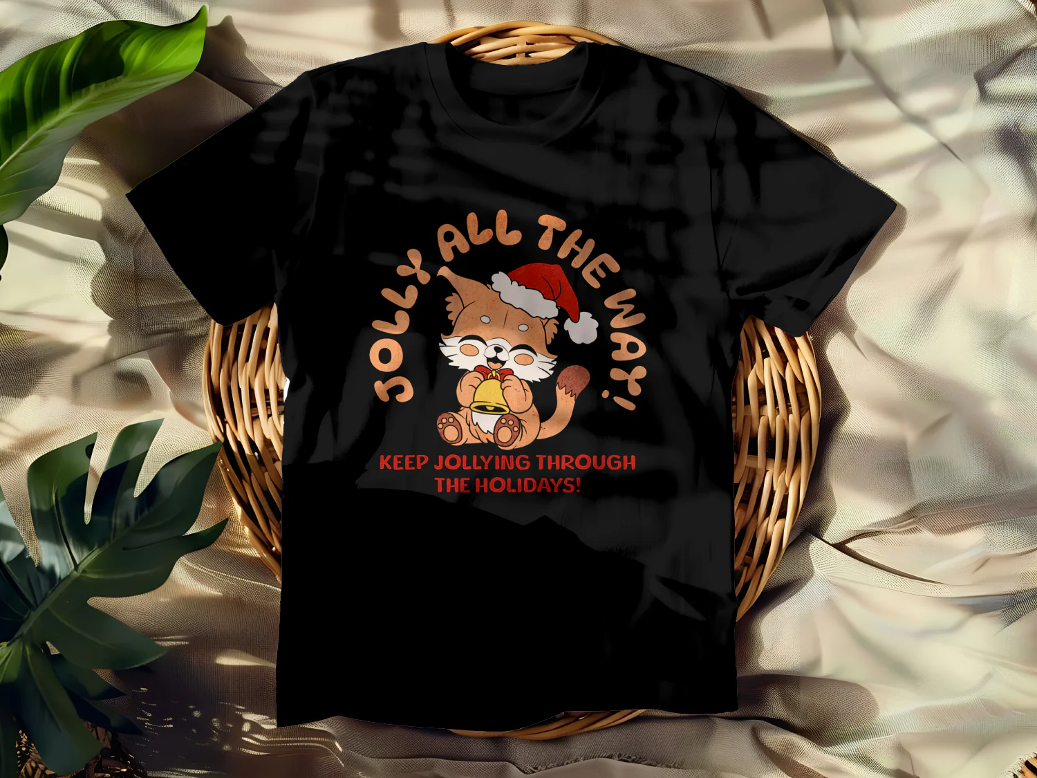 Jolly All The Way Holiday T-Shirt Design Featuring Cute Fox with Santa Hat Bells