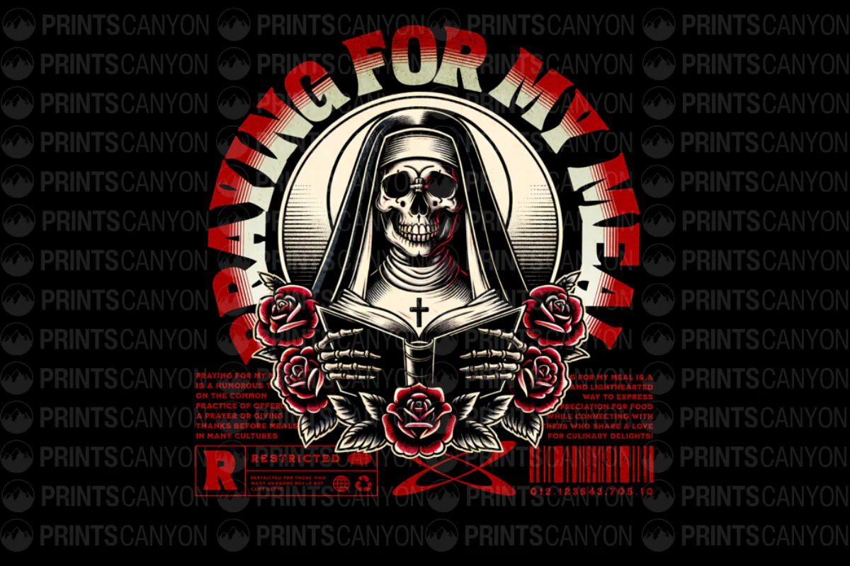 Praying for My Meal Skull Nun Graphic Tee for Food Lovers and Culinary Enthusiasts