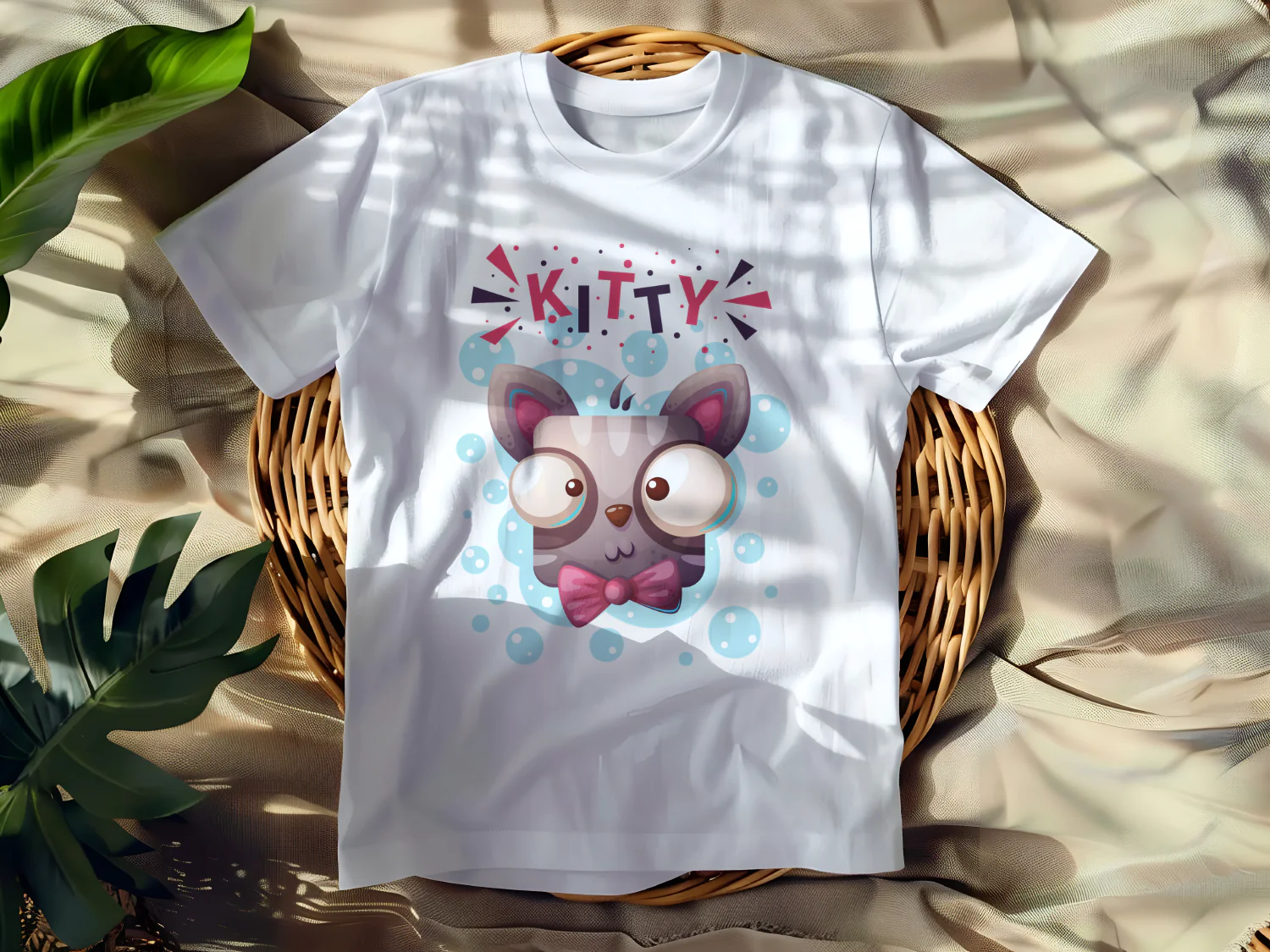 Cute Cartoon Kitty T-Shirt Design with Bubbles and Bowtie for Cat Lovers