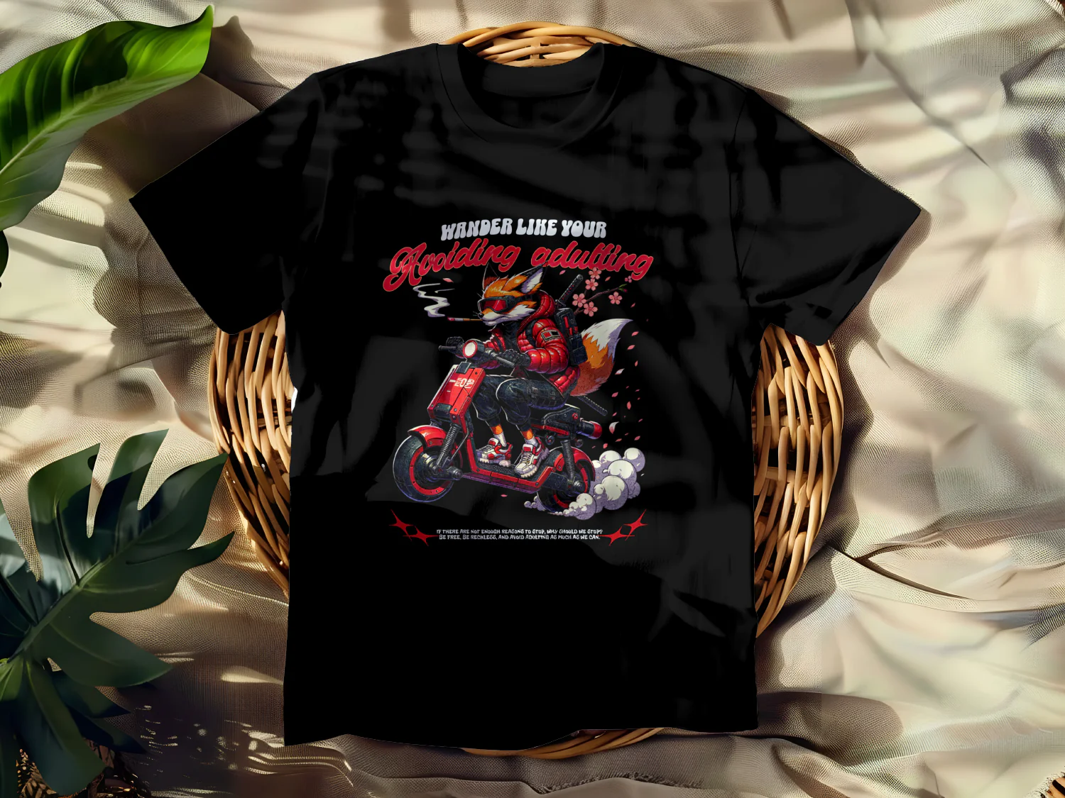 Wander Like You’re Avoiding Adulting T-Shirt Design Featuring Cool Fox on Scooter