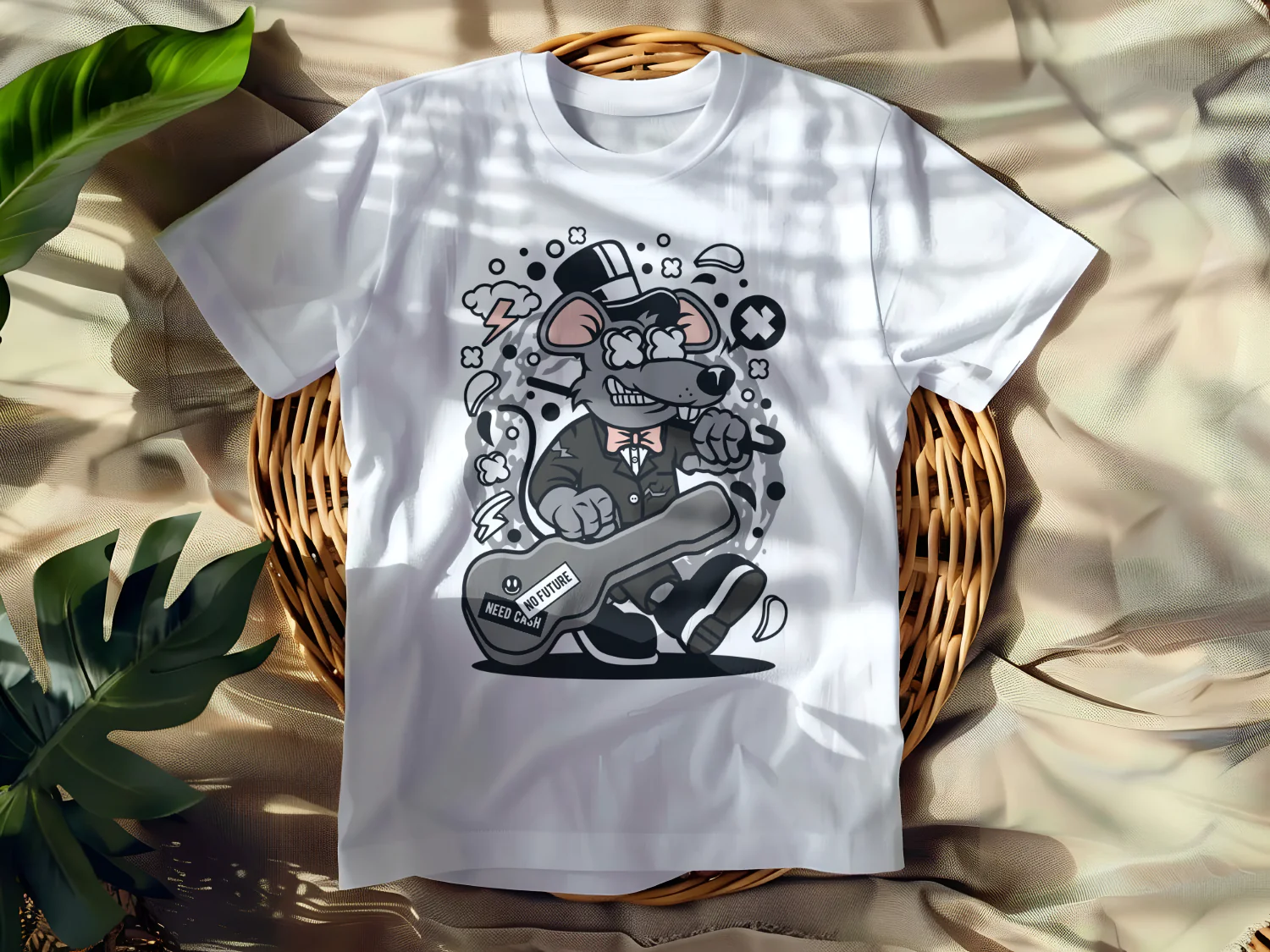 Cool Cartoon Rat in Suit with Guitar T-Shirt Design for Music Lovers and Cash Enthusiasts