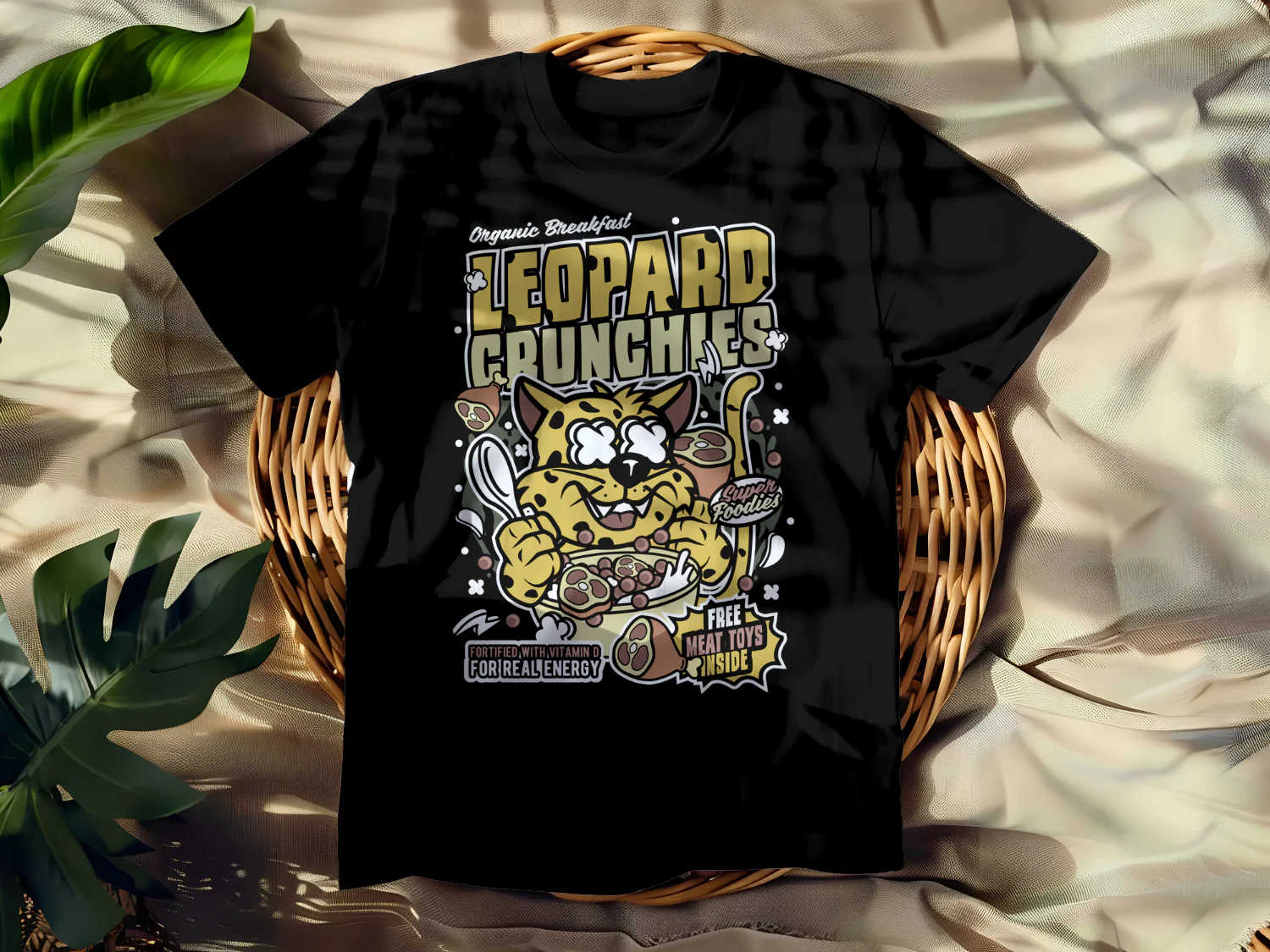 Leopard Crunchies T-shirt Design for Super Foodies with Fun Breakfast Theme
