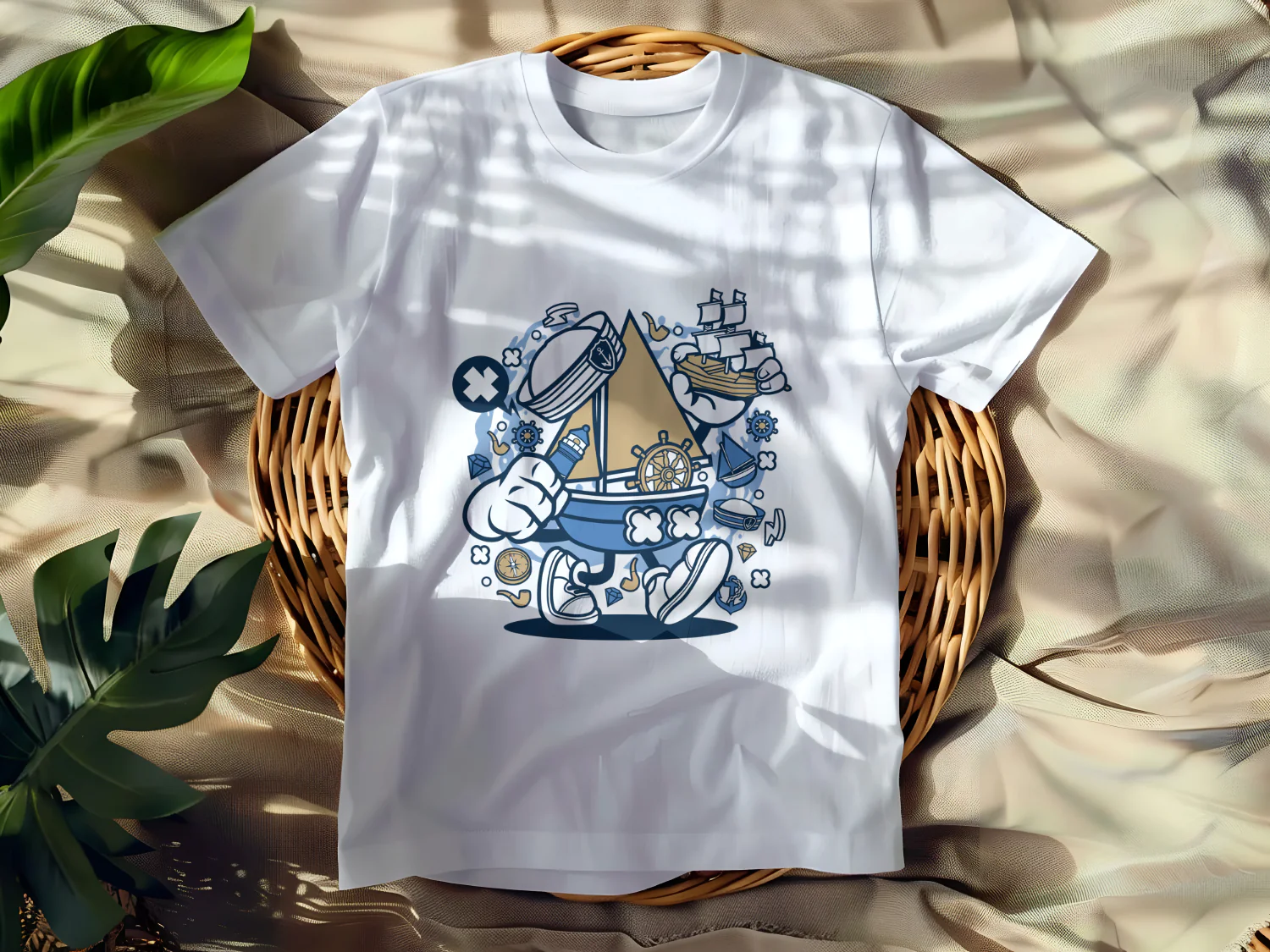 Nautical Adventure Cartoon T-Shirt Design with Sailboats and Maritime Elements