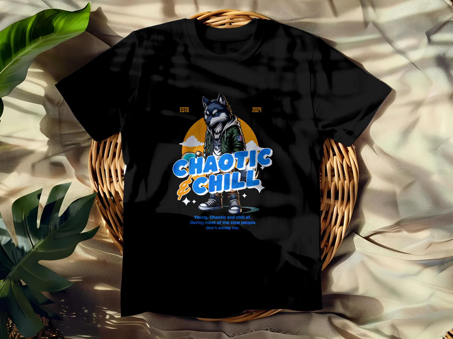 Chaotic and Chill Wolf T-Shirt Design for Young Adults 2024