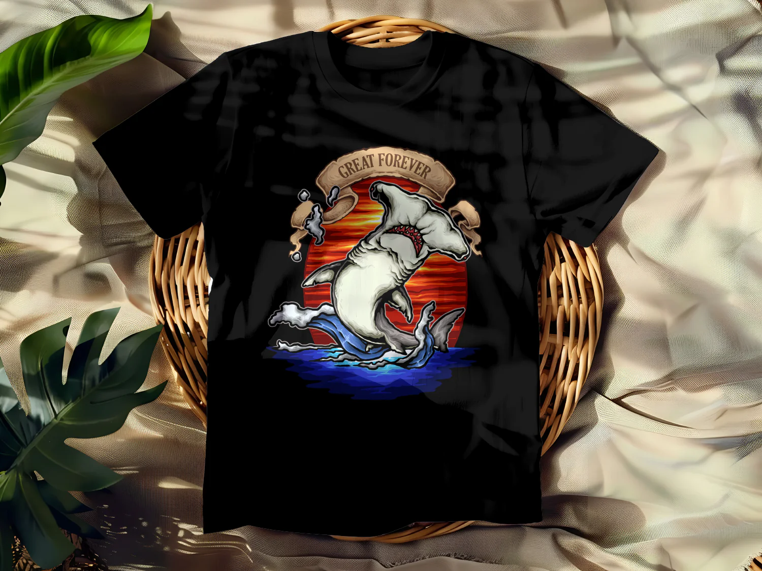 Great White Shark T-Shirt Design with Retro Sunset and Bold Typography