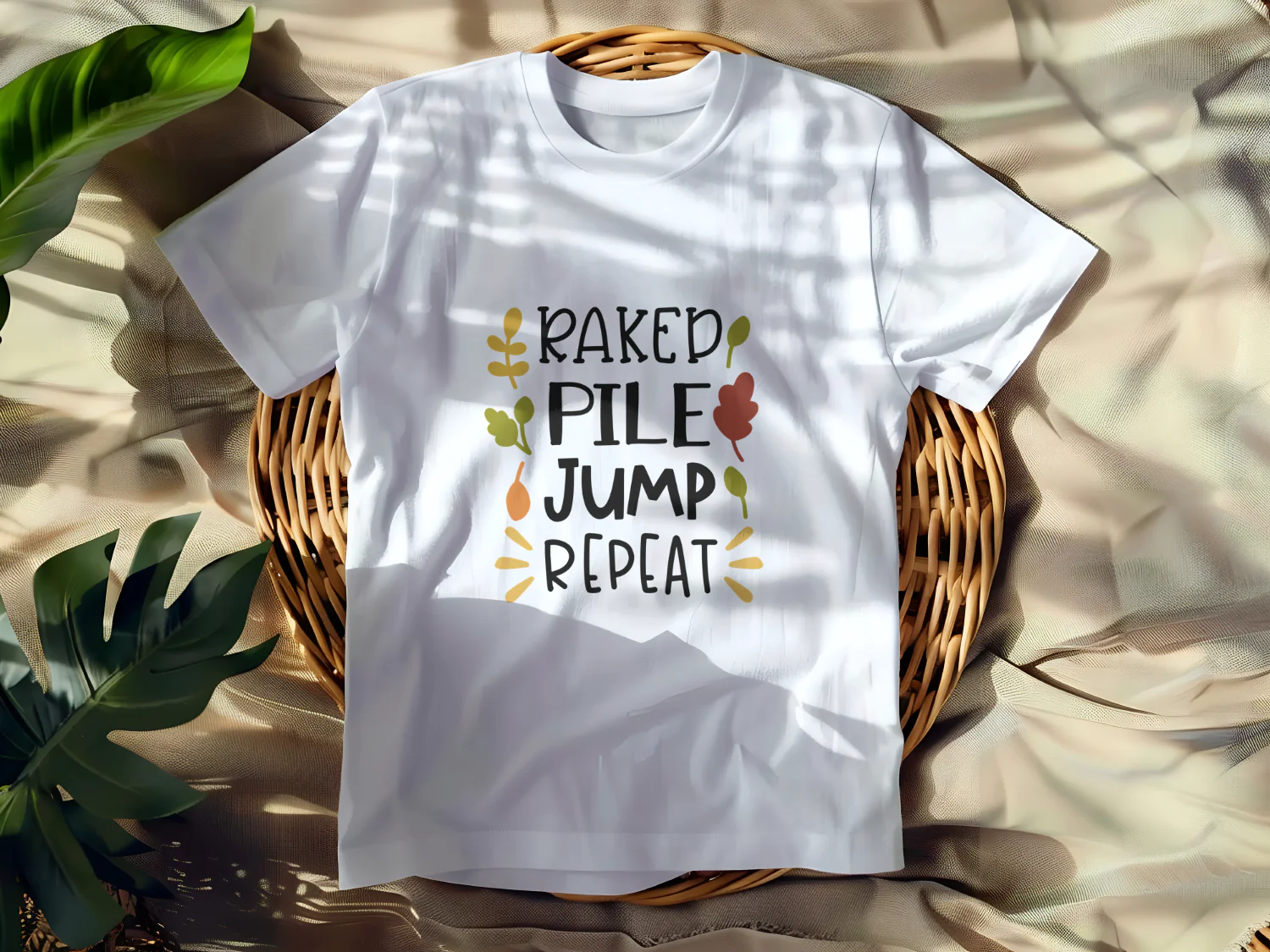 Raked Pile Jump Repeat Autumn T-Shirt Design for Fall Fun