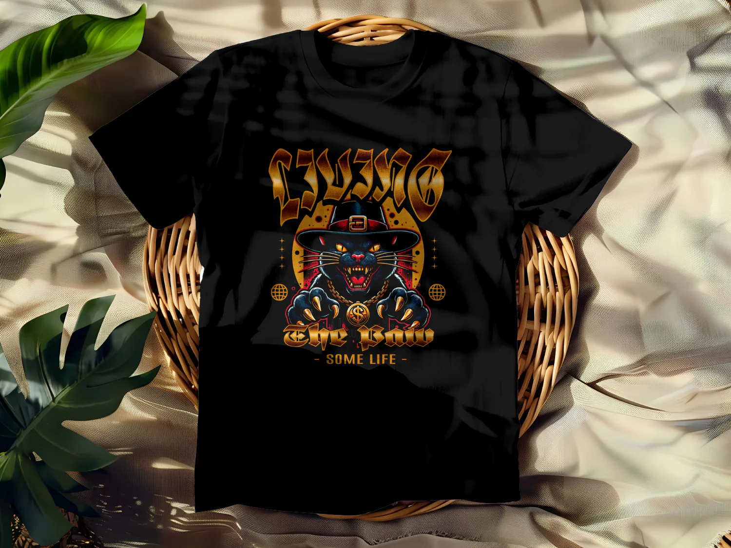 Living the Paw T-Shirt Design - Bold Black Cat with Gold Accents and Attitude