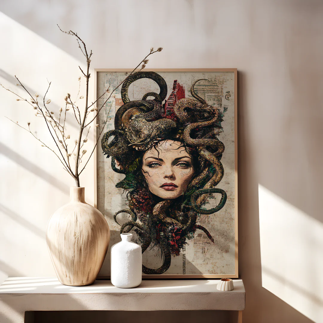 Elegant Serpent Goddess Wall Art Print for Unique Home Decor