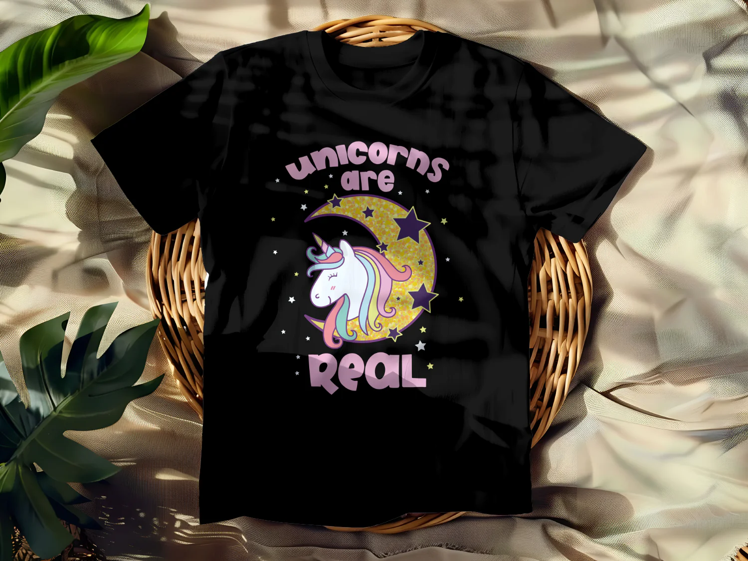 Unicorns Are Real T-Shirt Design with Magical Unicorn and Moon Graphics