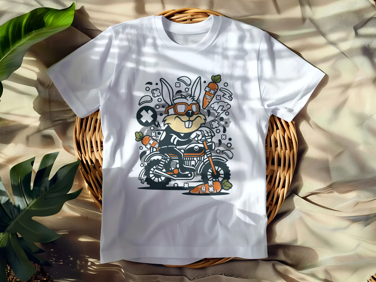 Cool Bunny Biker T-Shirt Design with Carrots and Fun Elements for Print