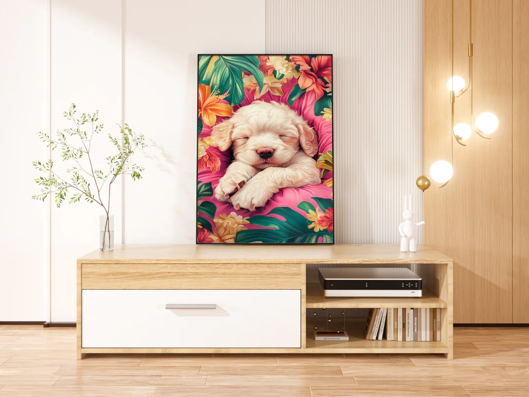 Adorable Sleeping Puppy Surrounded by Vibrant Tropical Flowers and Soft Pink Cushion