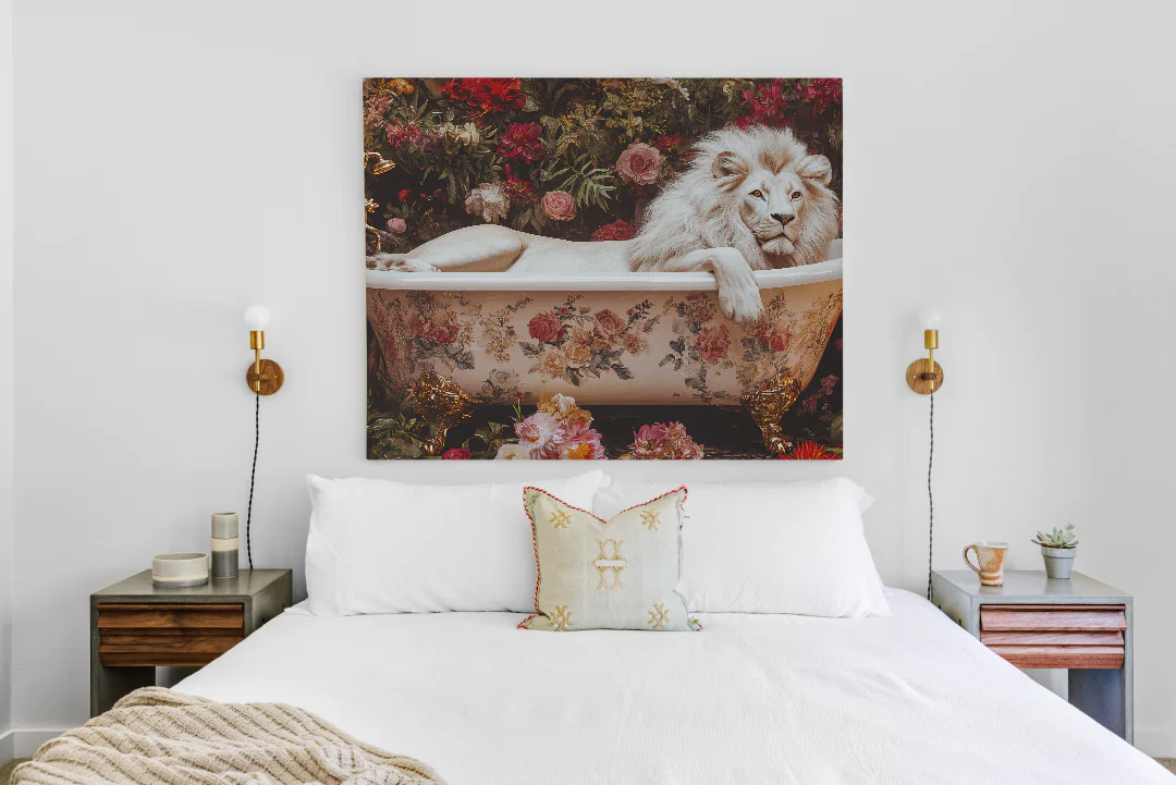 Luxe Floral Bathroom with Majestic Lion in Elegant Bathtub Setting