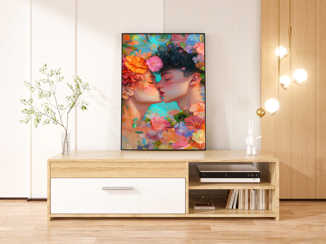 Romantic Floral Kiss Art Print for Love and Connection Decor