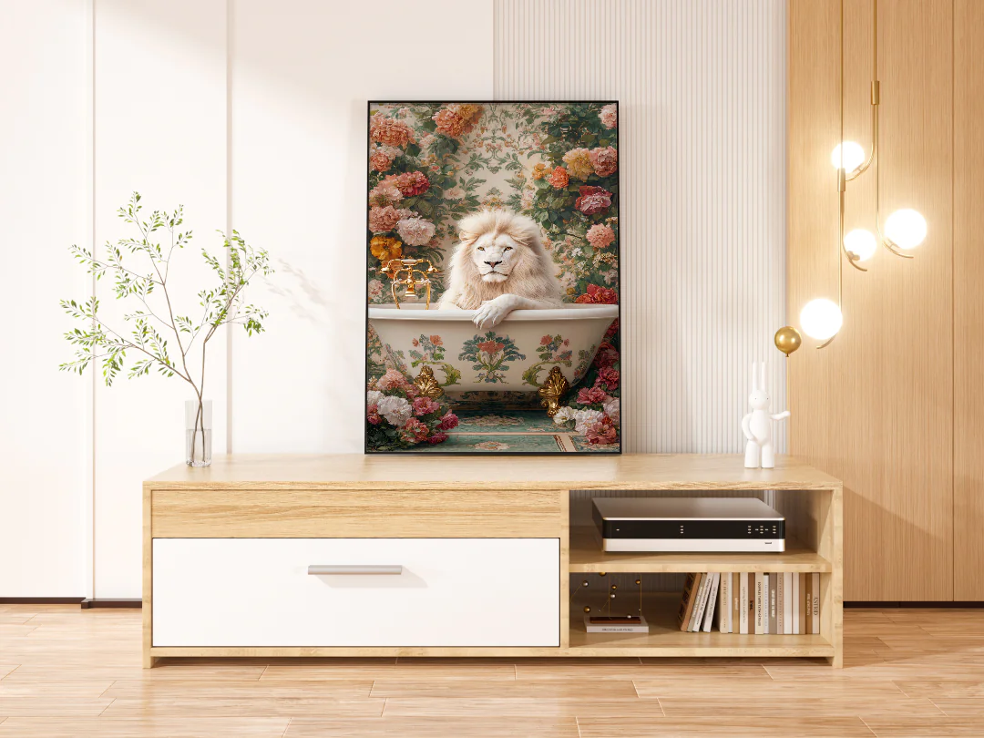 Regal Lion Relaxing in a Vintage Floral Bathtub with Glamorous Gold Accents
