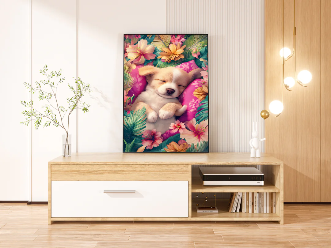 Adorable Puppy Napping Among Tropical Flowers and Leaves for Pet Lovers