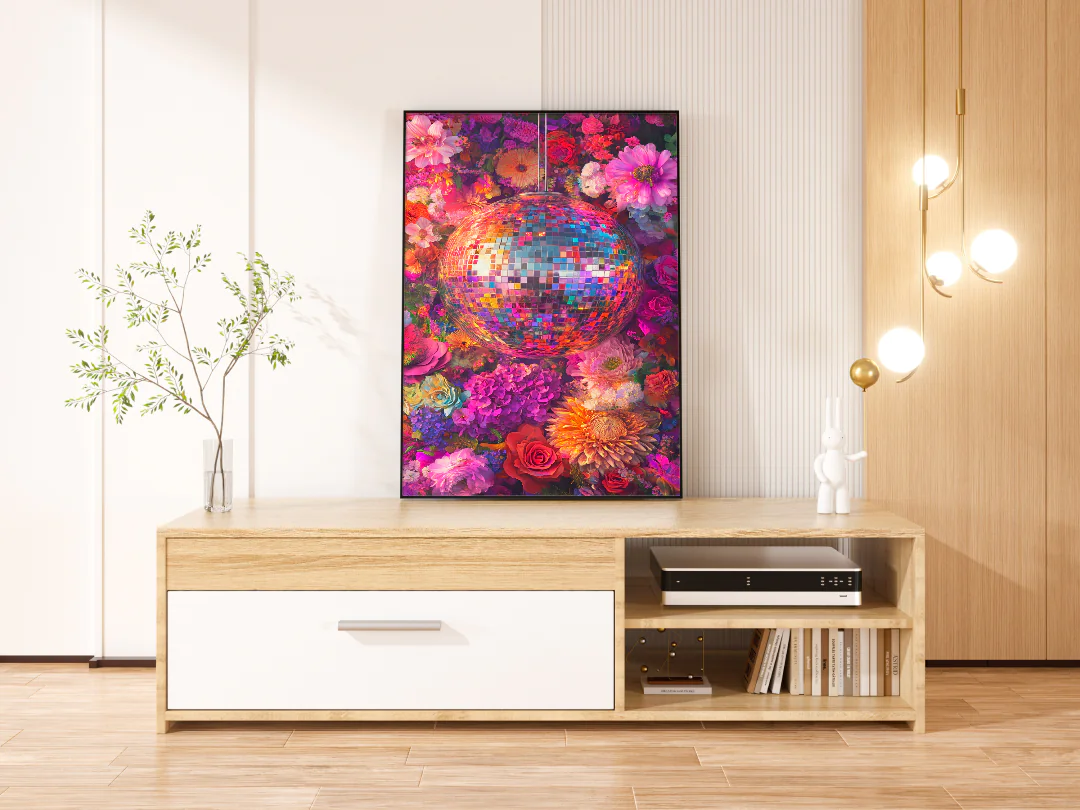 Vibrant Floral Disco Ball Wall Art for Retro Party Decor