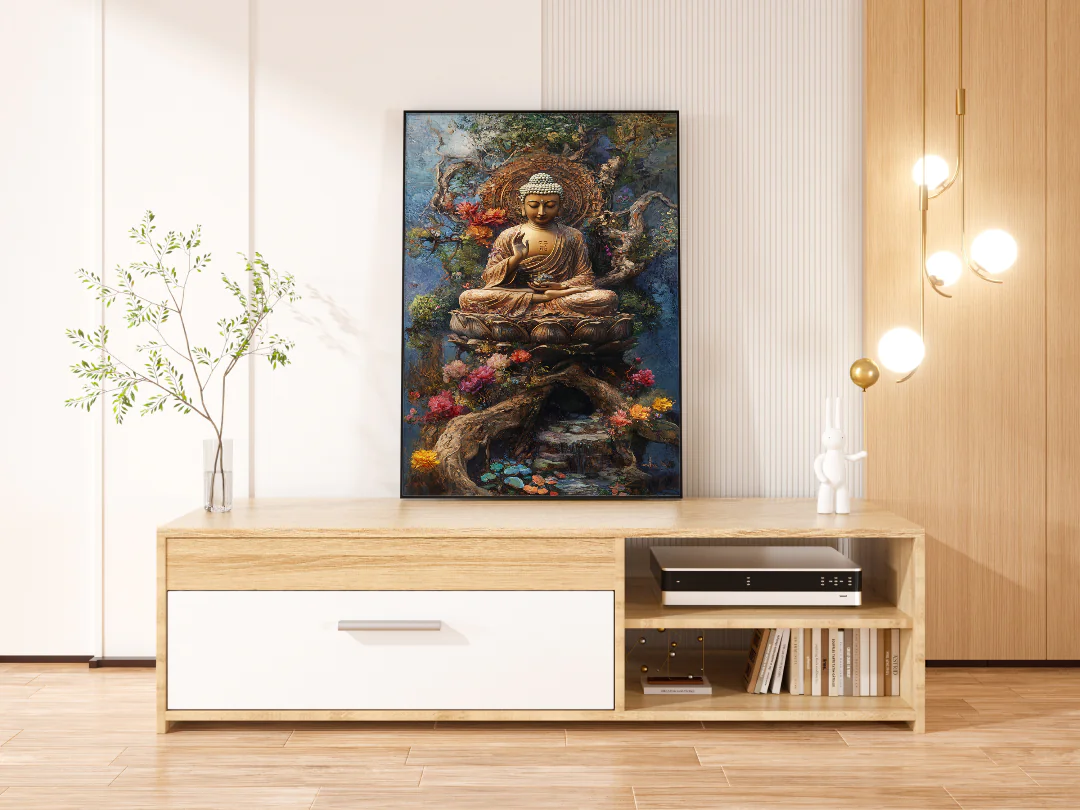 Serene Buddha Sculpture Surrounded by Vibrant Flora and Tranquil Nature Elements