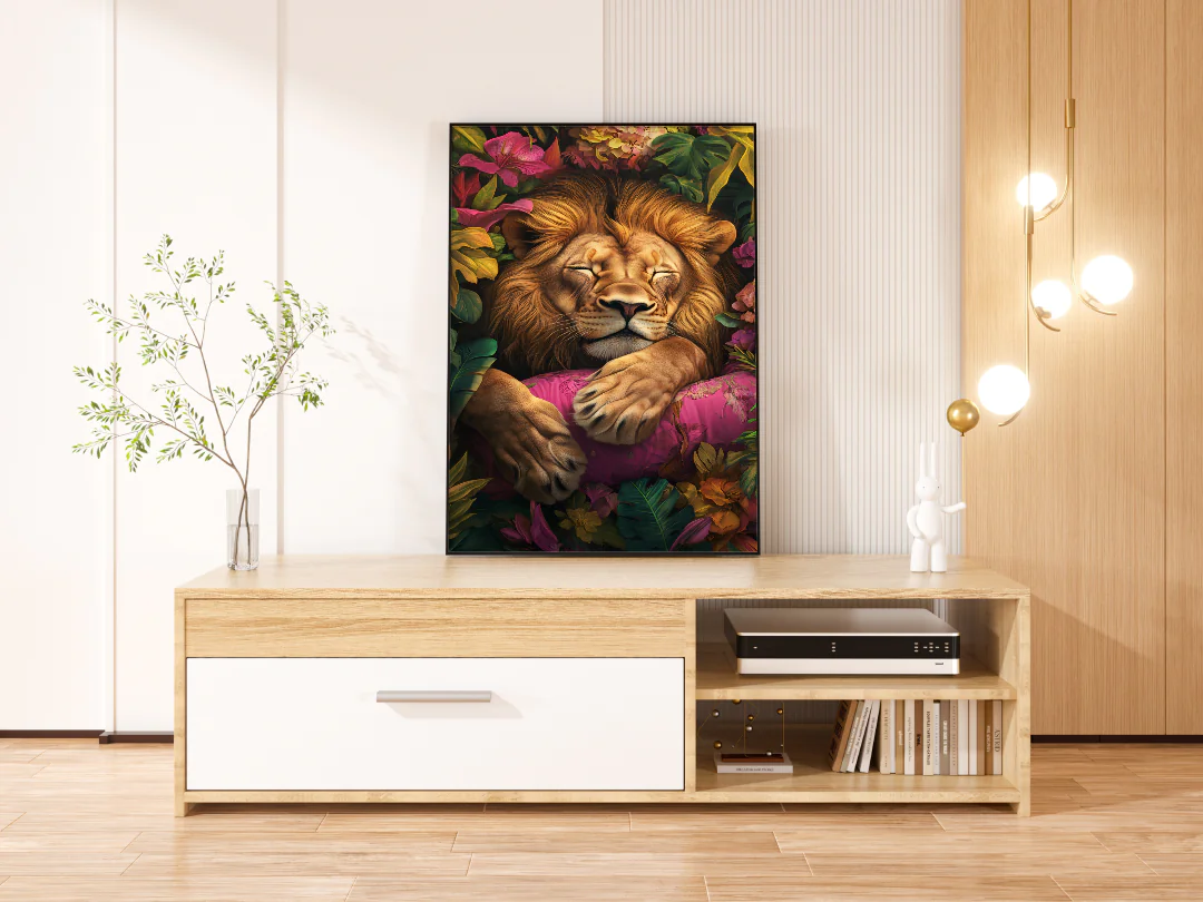 Majestic Lion Surrounded by Vibrant Tropical Blossoms – Perfect for Nature Lovers