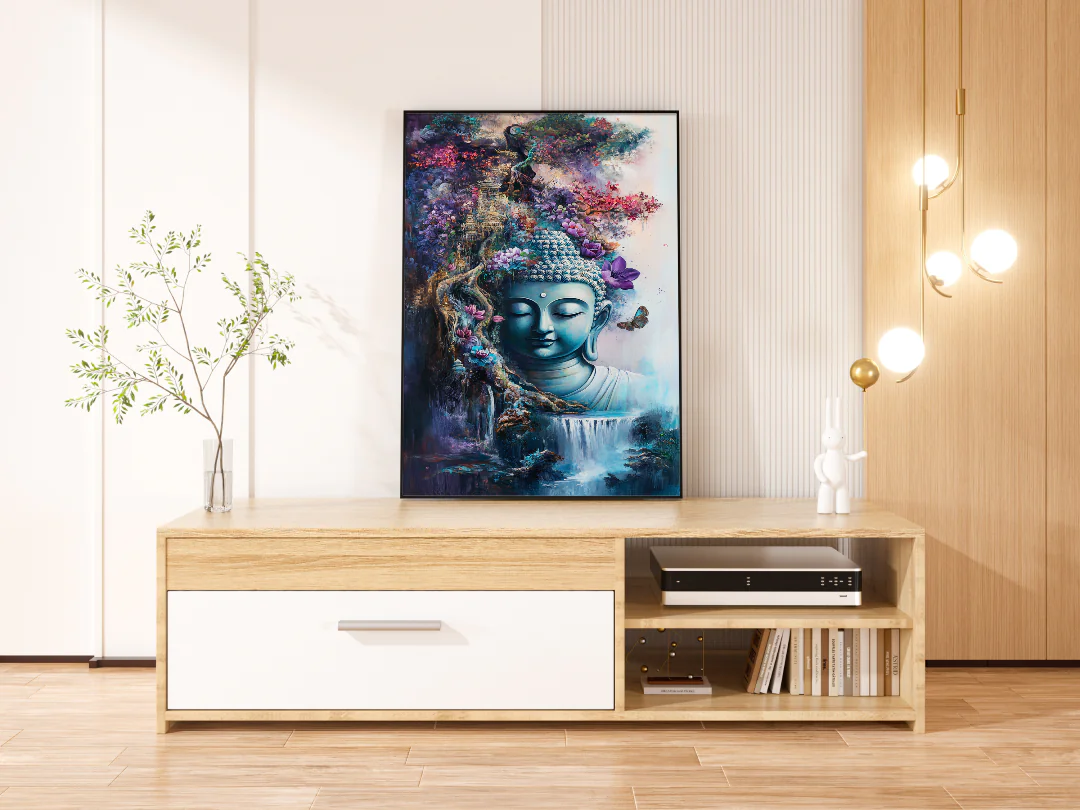 Serene Buddha Wall Art with Vibrant Floral and Waterfall Accents for Tranquil Spaces