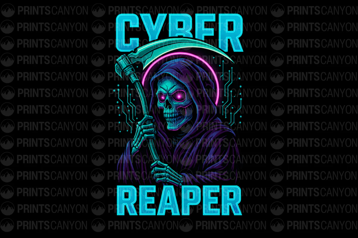Cyber Reaper T-Shirt Design - Futuristic Skull Grim Reaper Graphic Tee Art