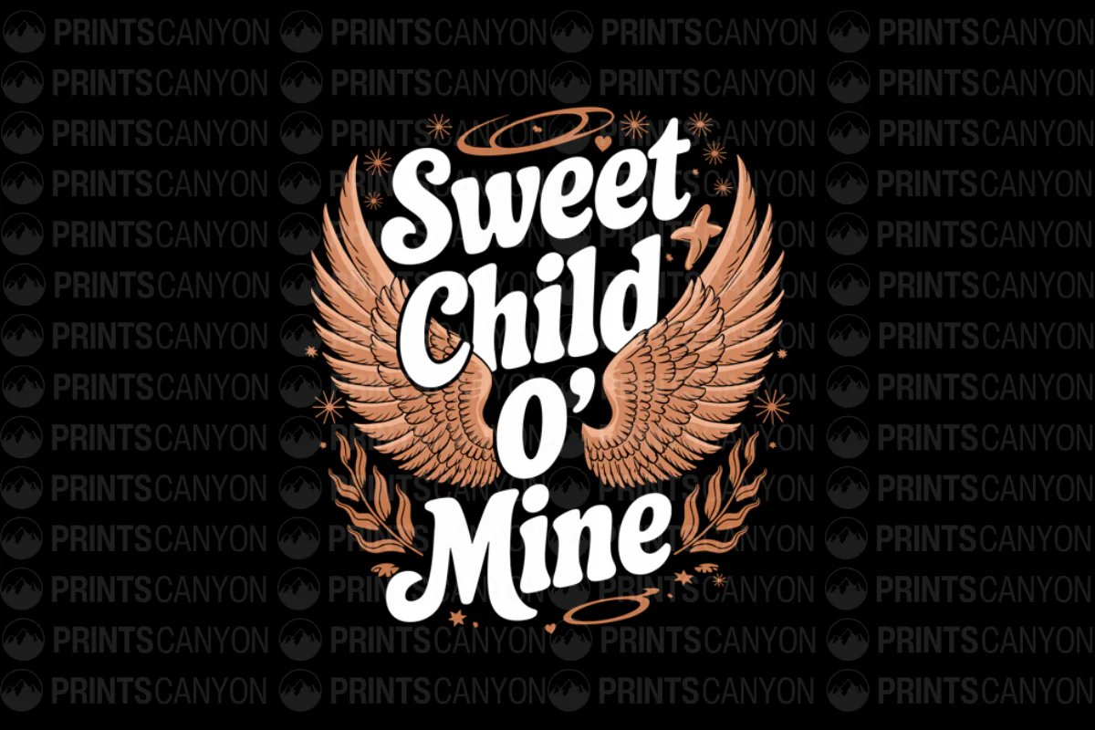 Sweet Child O' Mine T-Shirt Design with Wings and Floral Elements