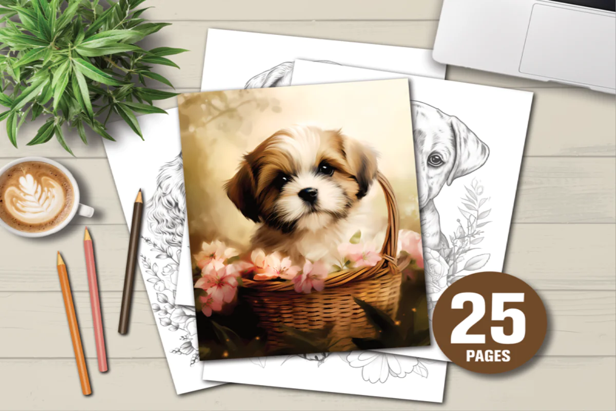 Cute Puppy Coloring Book with 25 Printable Pages for All Ages