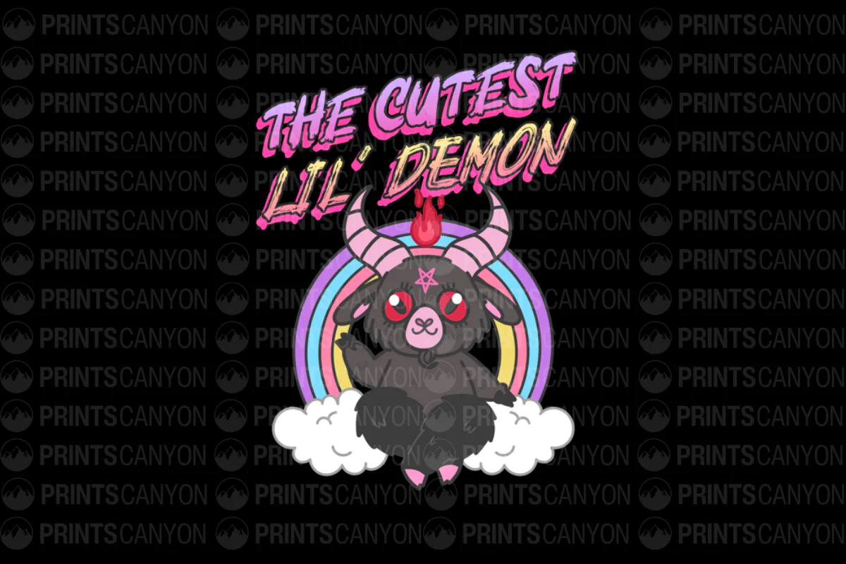 Cute Lil' Demon T-Shirt Design with Colorful Rainbow and Cloud Theme