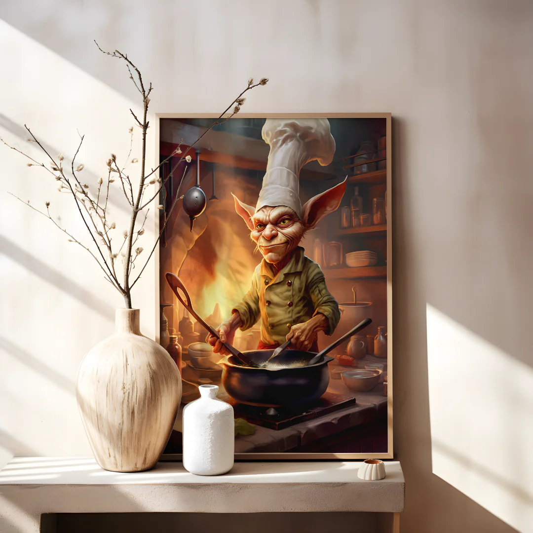 Whimsical Chef Goblin Cooking Printable Wall Art for Unique Kitchen Decor