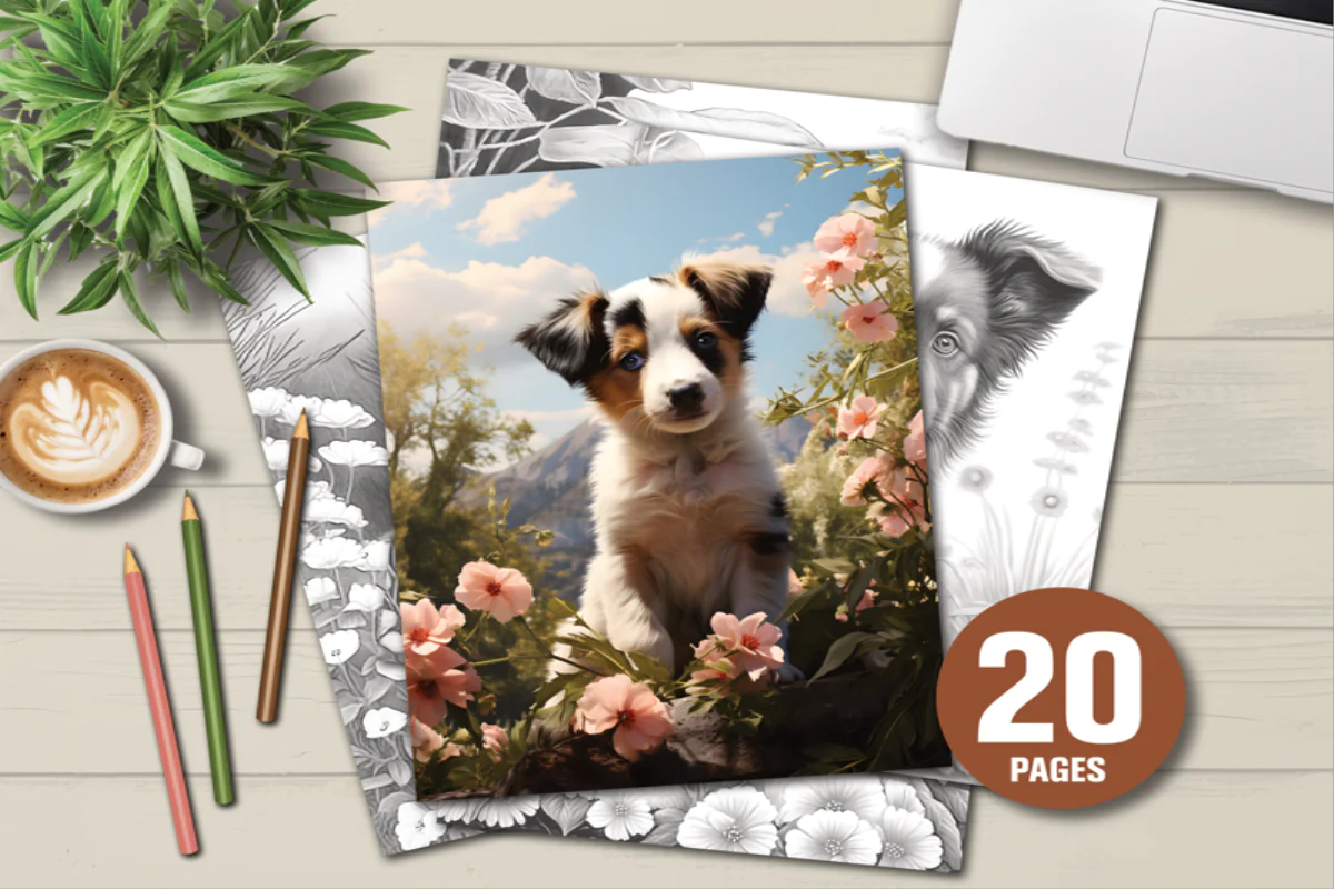 20 Page Puppy and Floral Coloring Book for All Ages