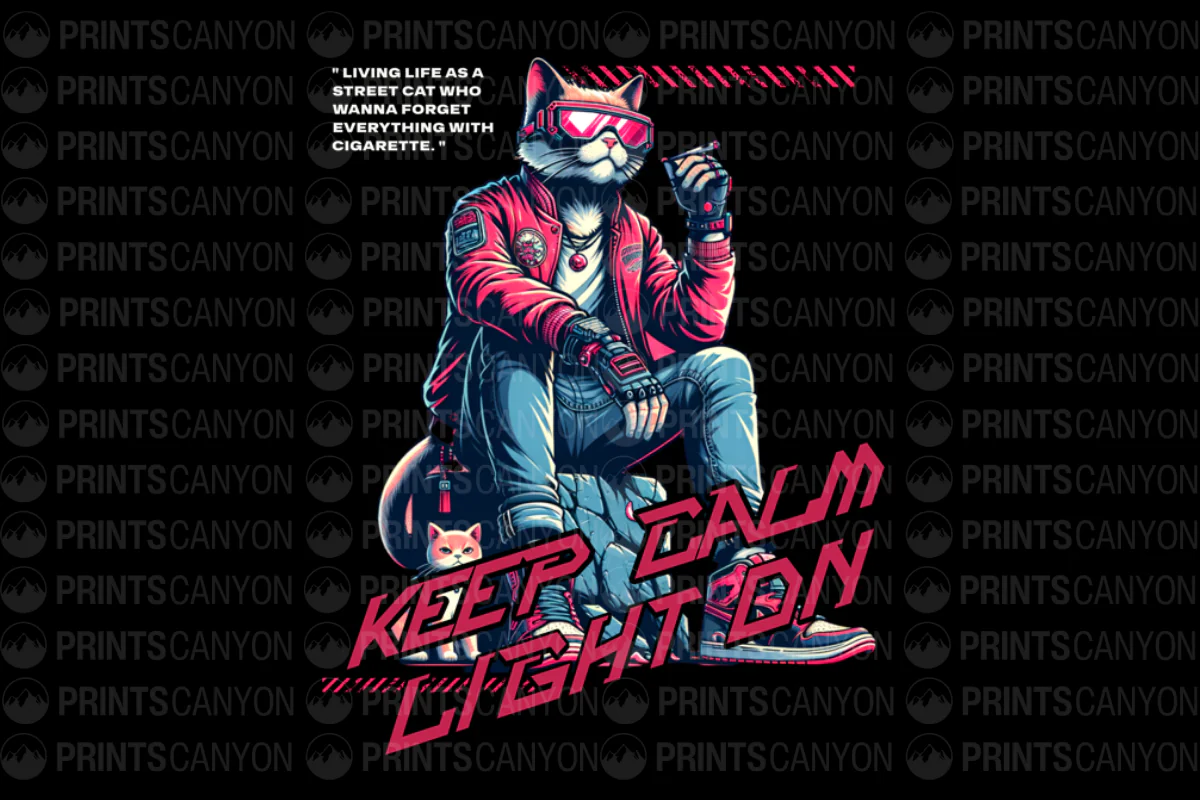 Street Cat Cool Vibes T-shirt Design - Keep Calm and Light On