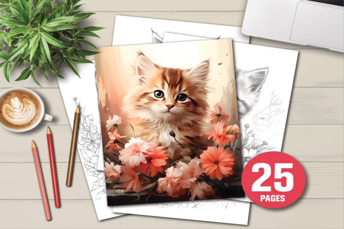 Cute Kitten Coloring Book with 25 Pages of Adorable Floral Designs for Relaxation and Fun