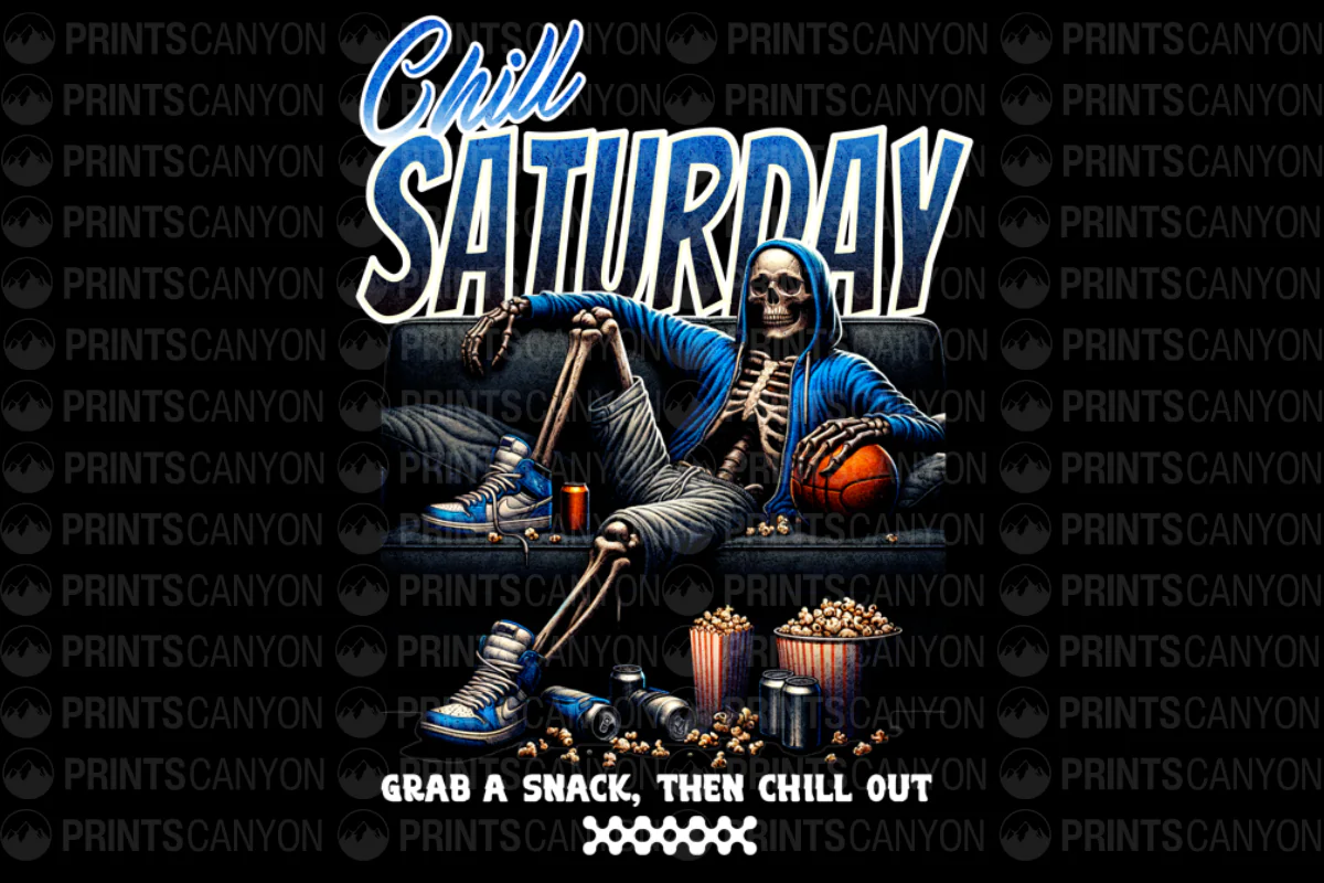 Chill Saturday Skeleton T-Shirt Design Grab a Snack Then Chill Out