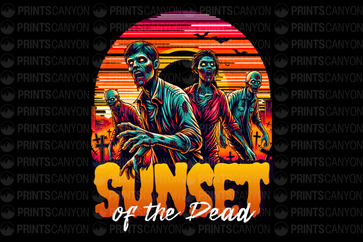 Sunset of the Dead Zombie T-Shirt Design for Halloween and Horror Fans